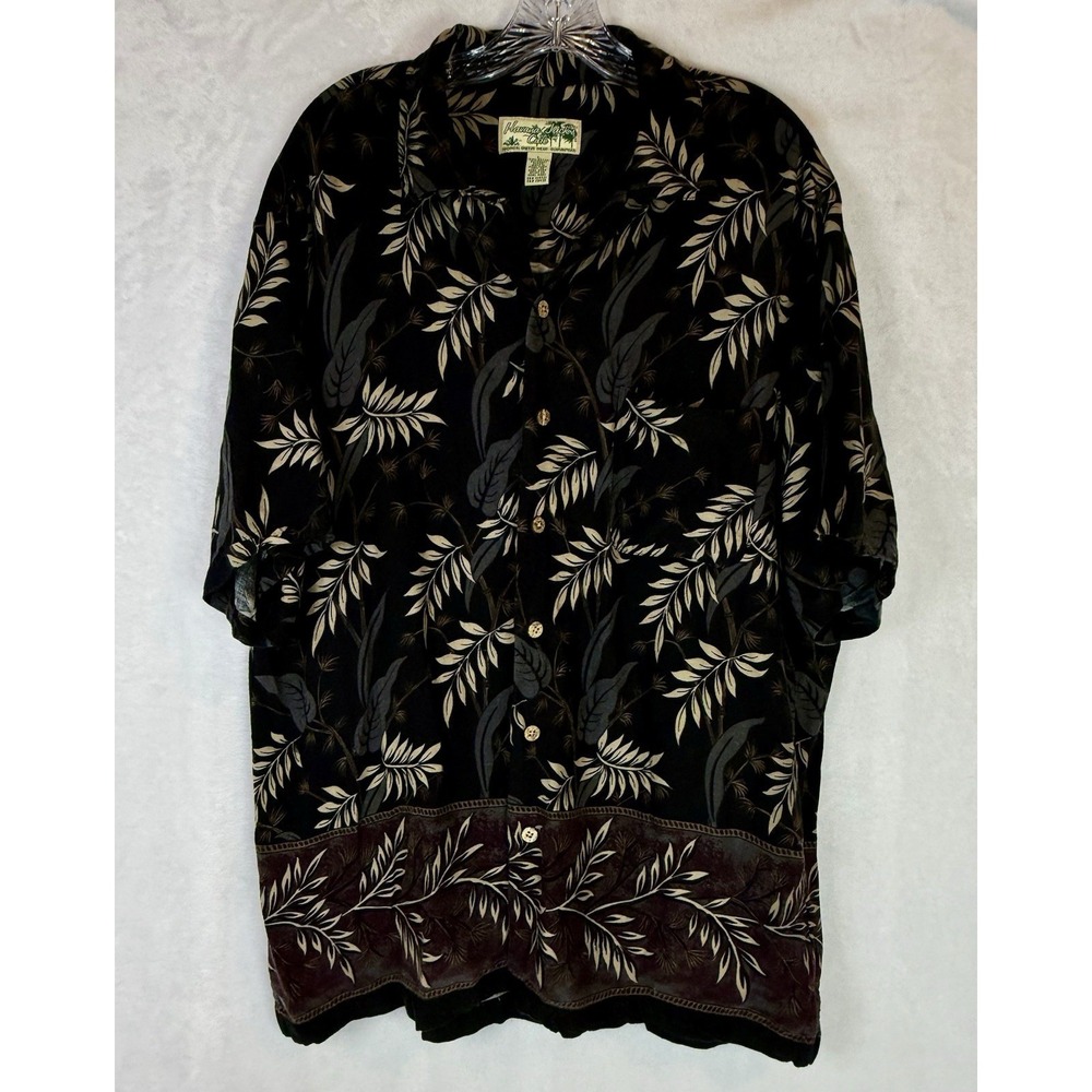 Havana Jacks Cafe Hawaiian Shirt L Black Rayon Tropical Leaf Camp Aloha Resort